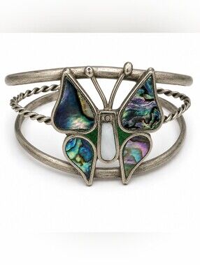Vintage Mexico Alpaca Silver Butterfly Cuff Bracelet with Genuine Abalone Inlay